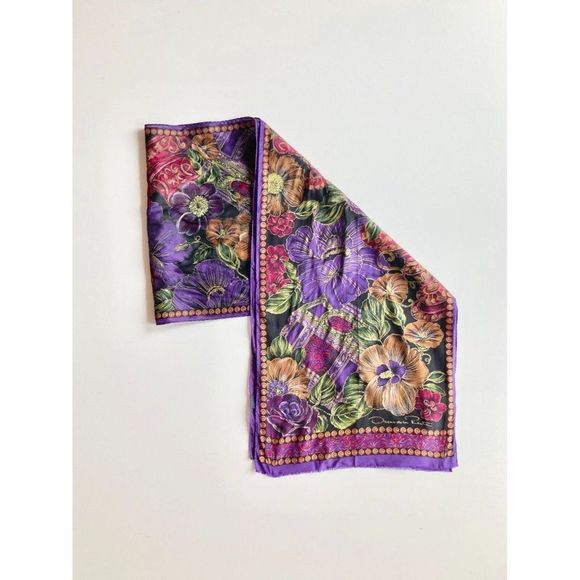 Oscar de la Renta Accessories - Vintage OSCAR DE LA RENTA Purple Floral Silk Crepe 52" x 11" Rectangle Scarf
